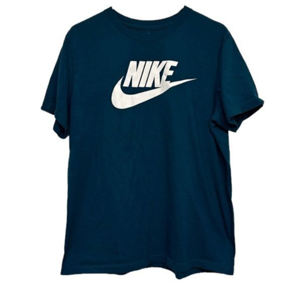 Men's The NIKE TEE Teal White Iconic Graphic Swoosh Pullover Shirt Size LRG EUC